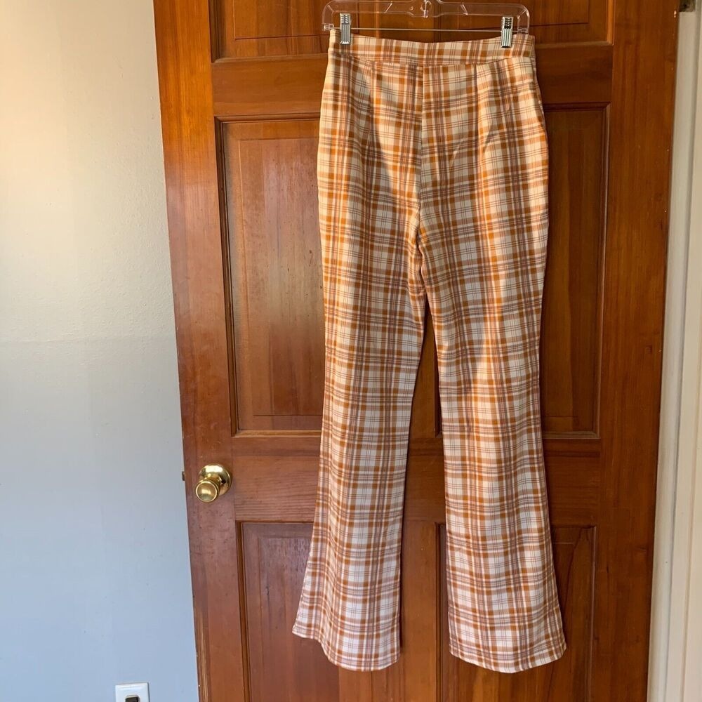 Missguided Plaid High Waisted Flare Pants Brown Check Trousers Sz 4 Womens View 3